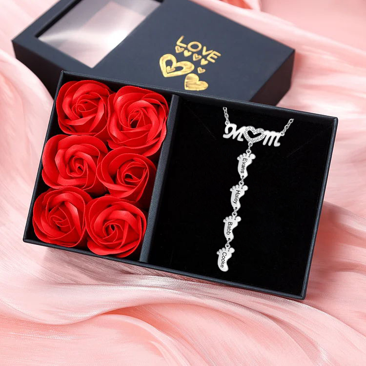 Mother Necklace with 4 Baby Feet Pendants Engraved 4 Names Rose Gift Set