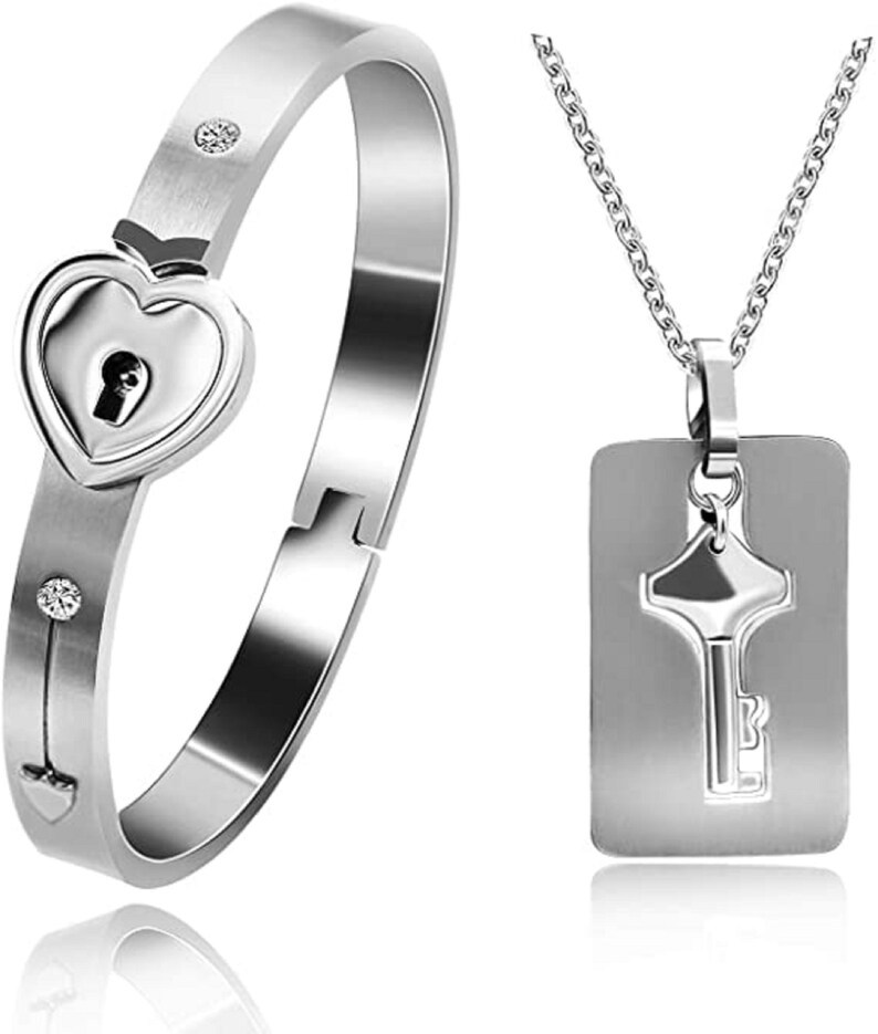 Key to My Heart Couple Key Necklace and Love Lock Bracelet Set-Jessemade AU