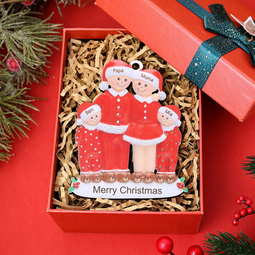 4 Names - Personalized Wooden Christmas Ornaments Custom Name & Text Christmas Pajama Party Pendants Family of 4 Gift For Family-Jessemade AU