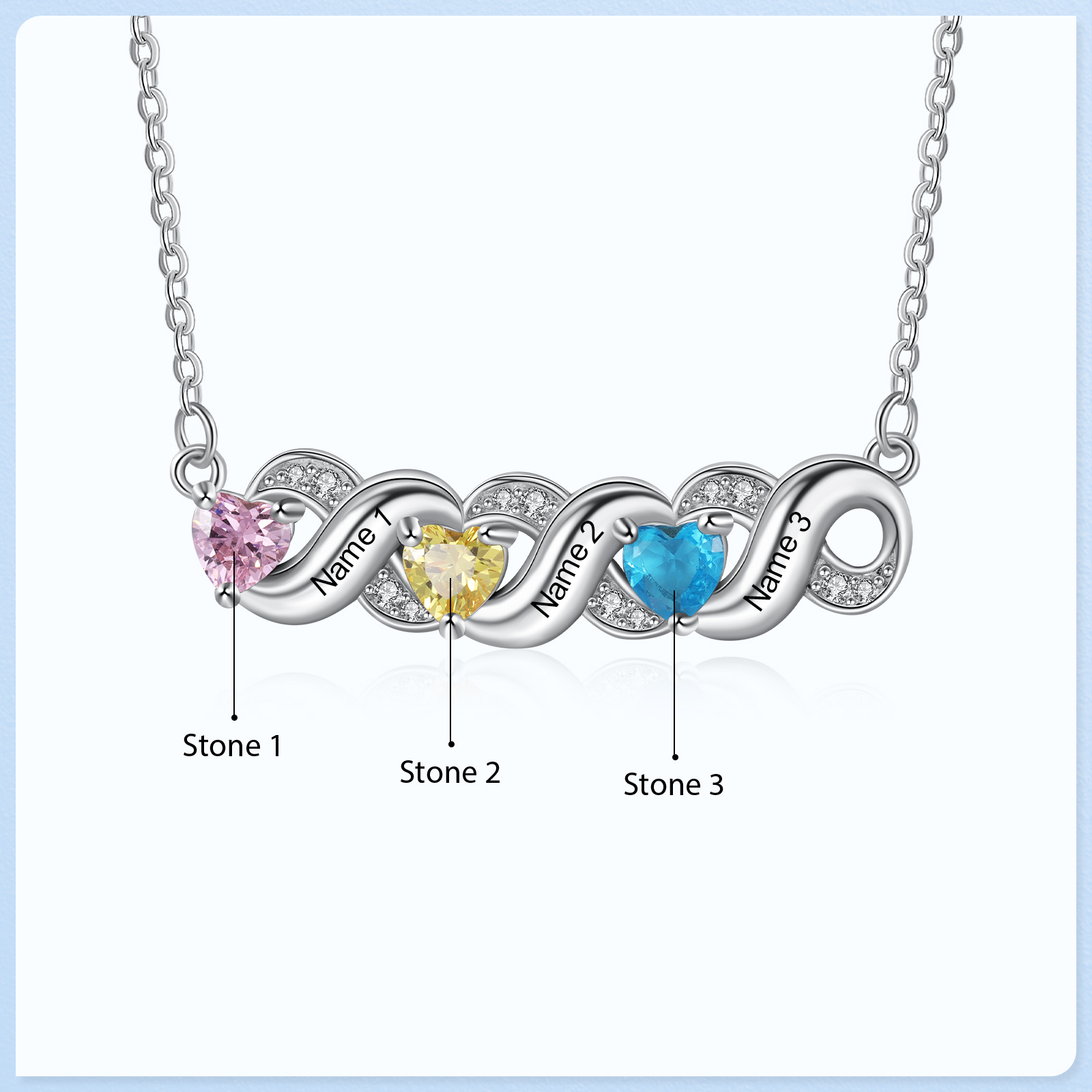 Personalised Heart Birthstone Necklace Custom 3 Names Overlap Necklace Gifts for Her-Jessemade AU