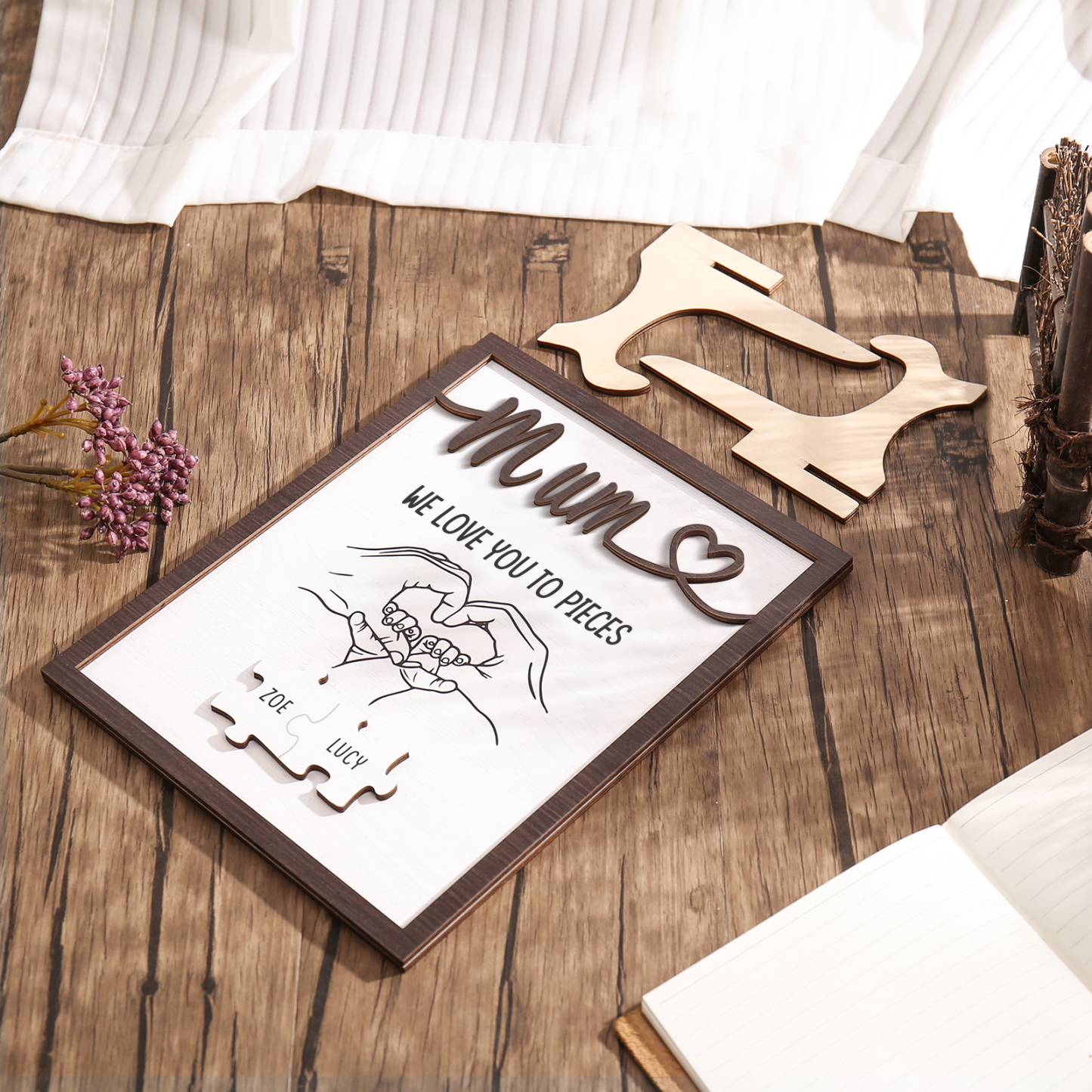 Personalised Puzzle Pieces Wooden Plaque Custom 2 Names & Text & Salutation Holding Hands Family Wooden Sign With Stand Gifts for Mum-Jessemade AU