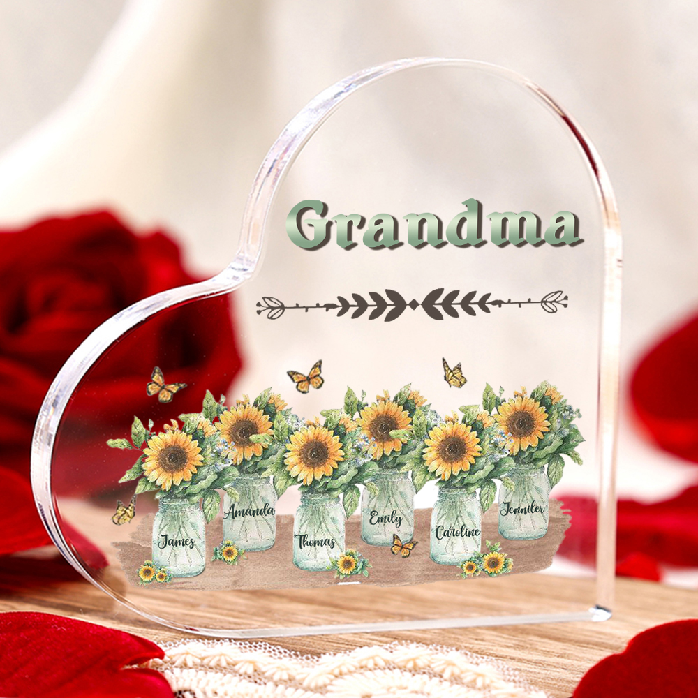 Personalised Acrylic Heart Keepsake Custom 6 Names & 1 Text Sunflower Vase Ornament Gifts for Mother/Grandma-Jessemade AU