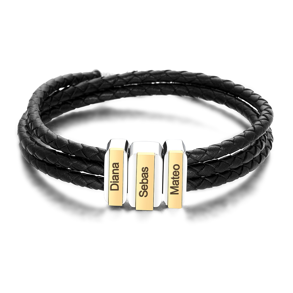 Mens Leather Bracelet with Customised Beads Personalised Three Layer Bracelet Engraved 3 Names-Jessemade AU