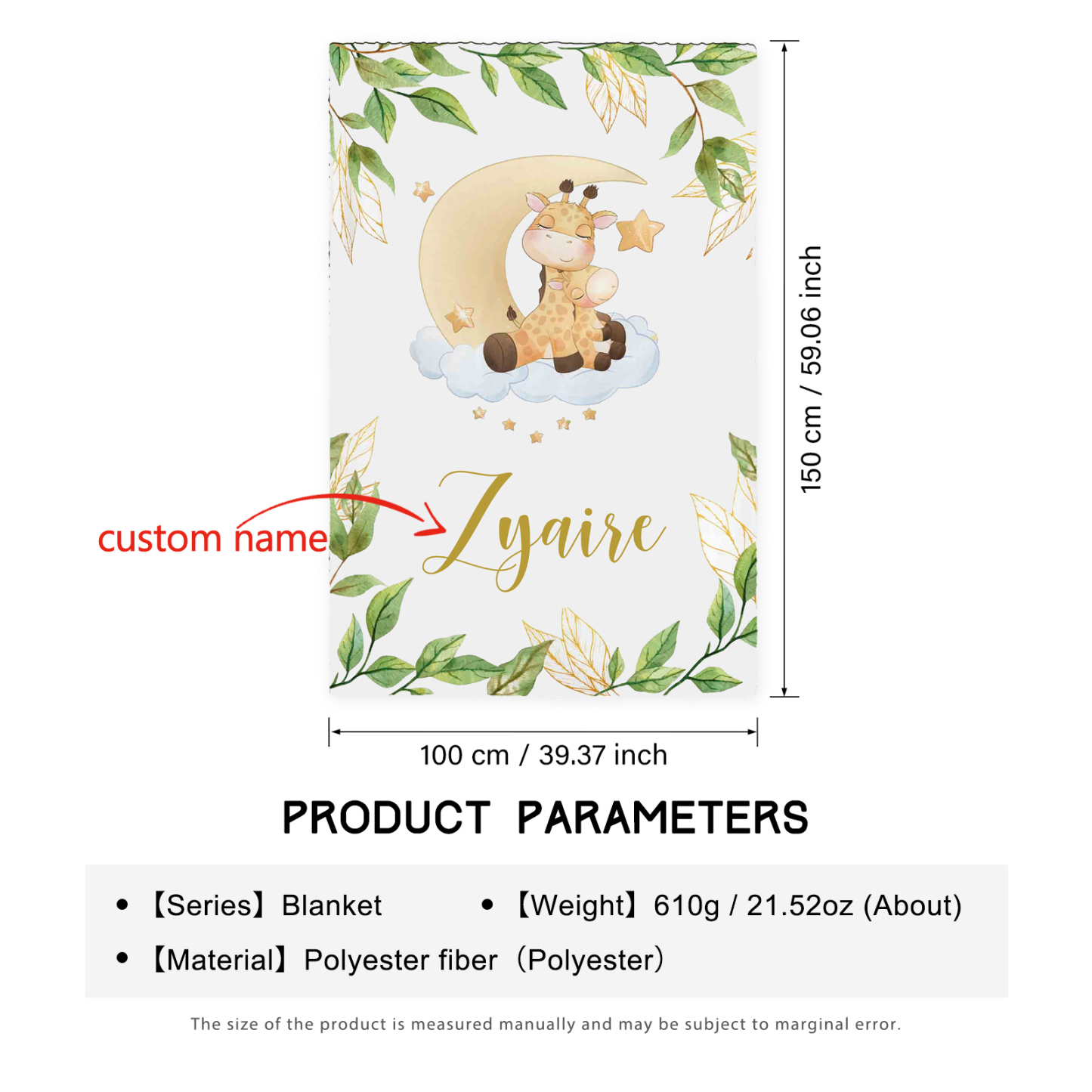 Personalised Giraffe Blanket Custom Name Cute Cartoon Blanket-Jessemade AU