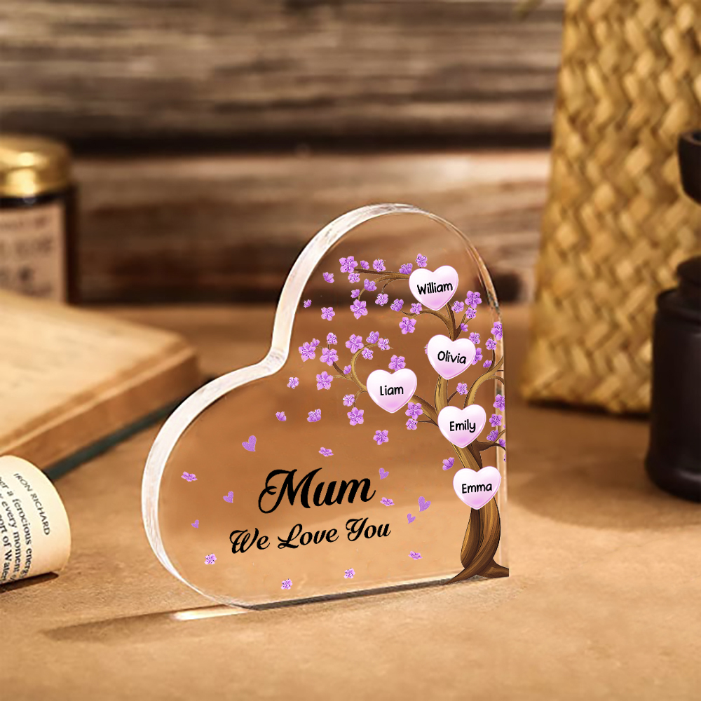 5 Names - Personalised Acrylic Heart Keepsake Custom Text Purple Flowers Tree Ornaments Gifts for Grandma/Mother-Jessemade AU
