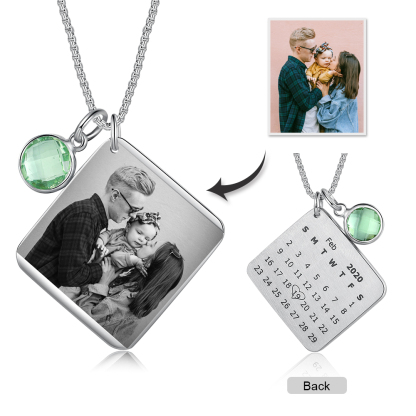 Personalised Calendar Tag Necklace With Birthstone Custom 1 Photo Gifts For Her-Jessemade AU