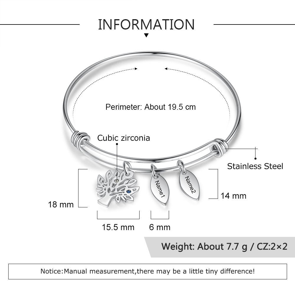 Personalised Family Tree Bracelet with 2 Birthstones Leaf Charms Bangle for Her-Jessemade AU