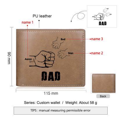 3 Names - Personalised Men Leather Wallet Engraved Names Brown Wallet Fist Bump Folding Wallet Gift For Dad-Jessemade AU