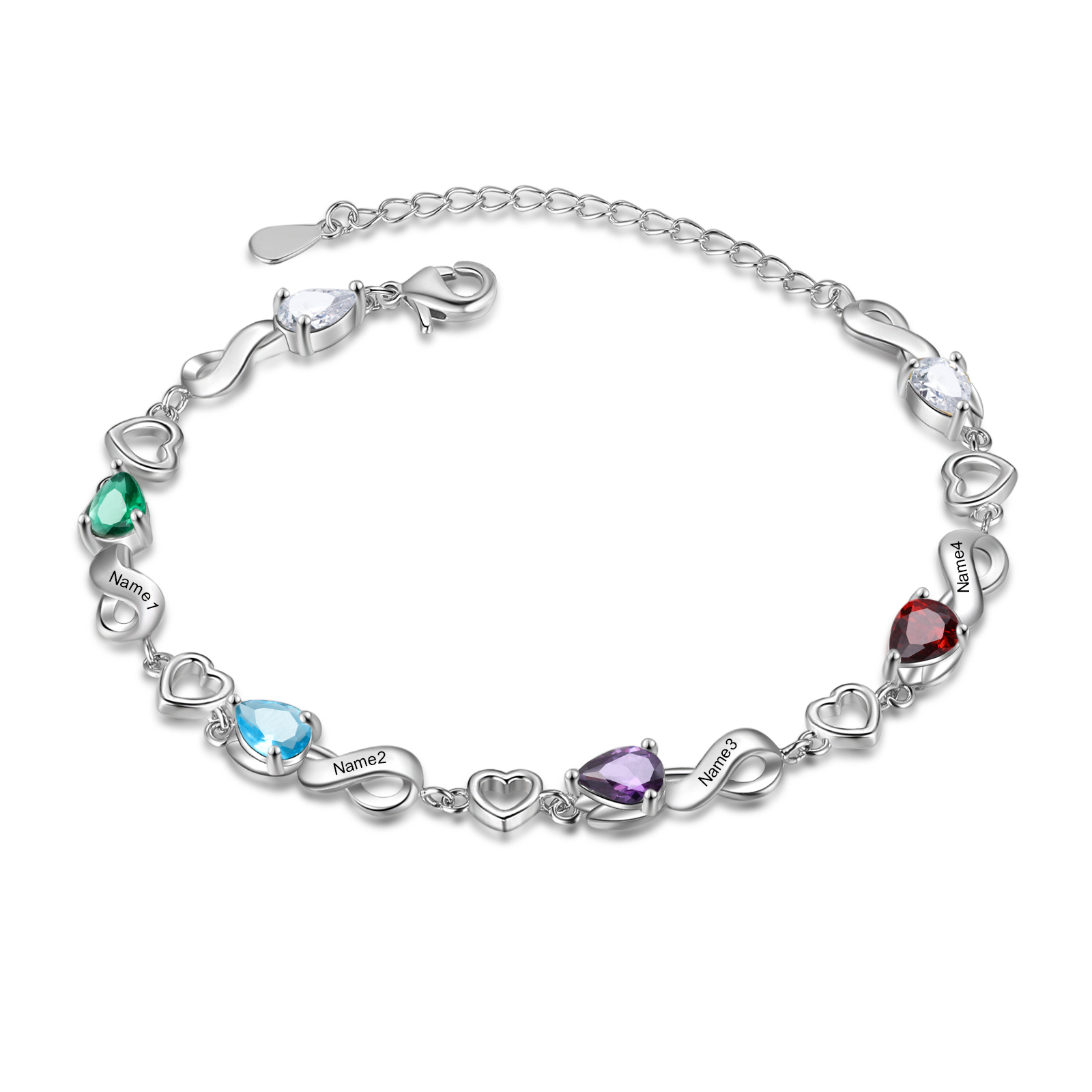 Personalised 4 Birthstones Heart Bracelet Engraved Names Bracelet Gifts For Women-Jessemade AU