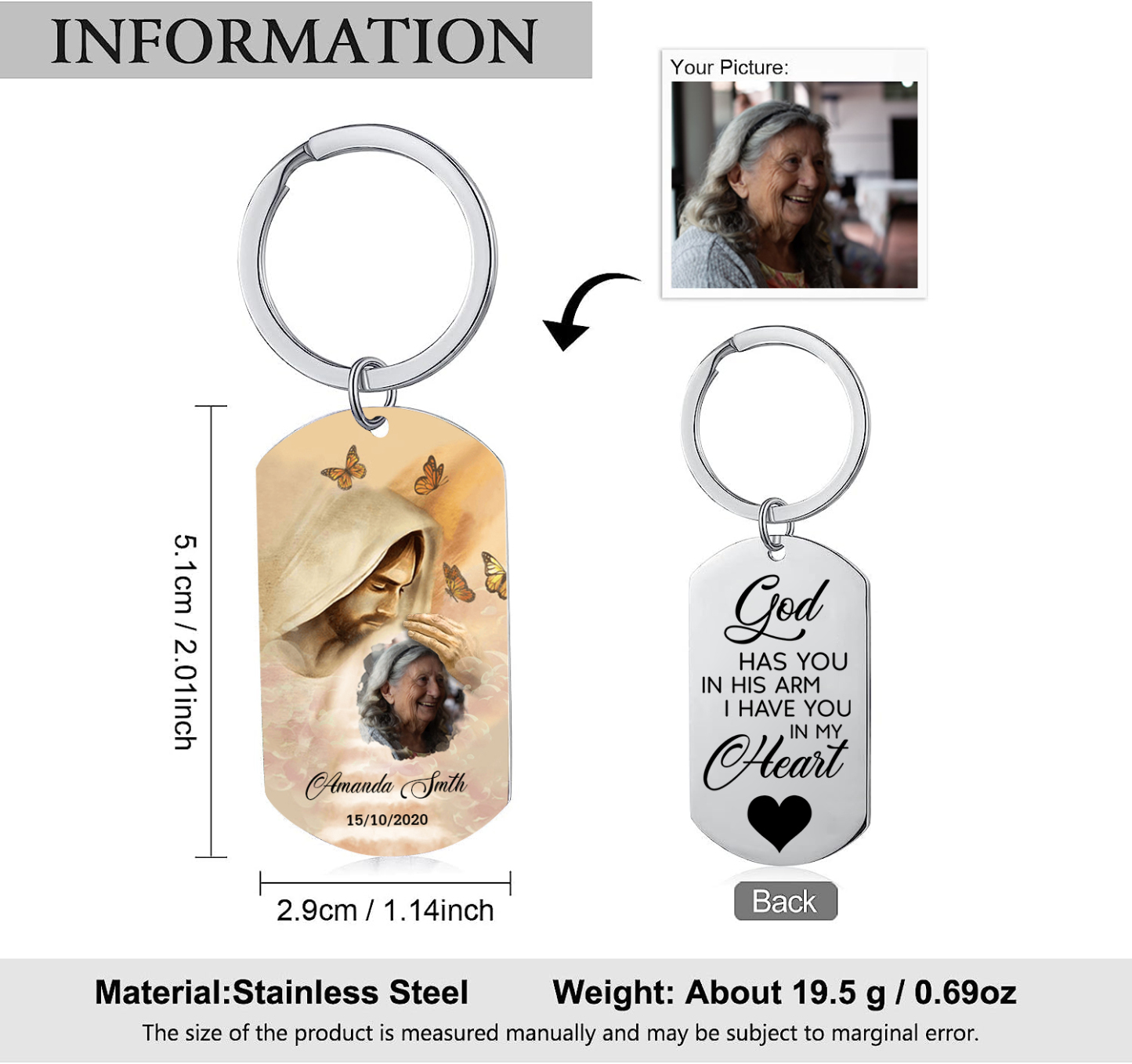 Memorial Photo Keychain Custom Name & Date Keyring Personalised Keychains - God Has You in His Arm, I Have You in My Heart-Jessemade AU