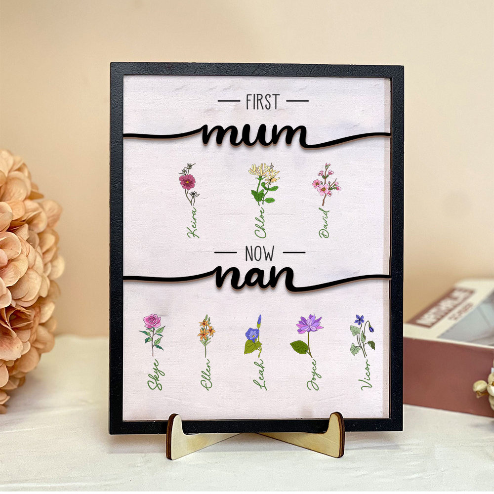 To Mum/Nan - Personalised Wooden Plaque Custom  with Flowers & 1- 10 Names Ornament Mother's Day Gift | Jessemade