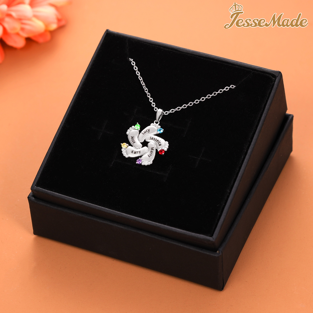 Personalised Baby Feet Necklace With 5 Birthstones Engraved Names Gift For Mother-Jessemade AU
