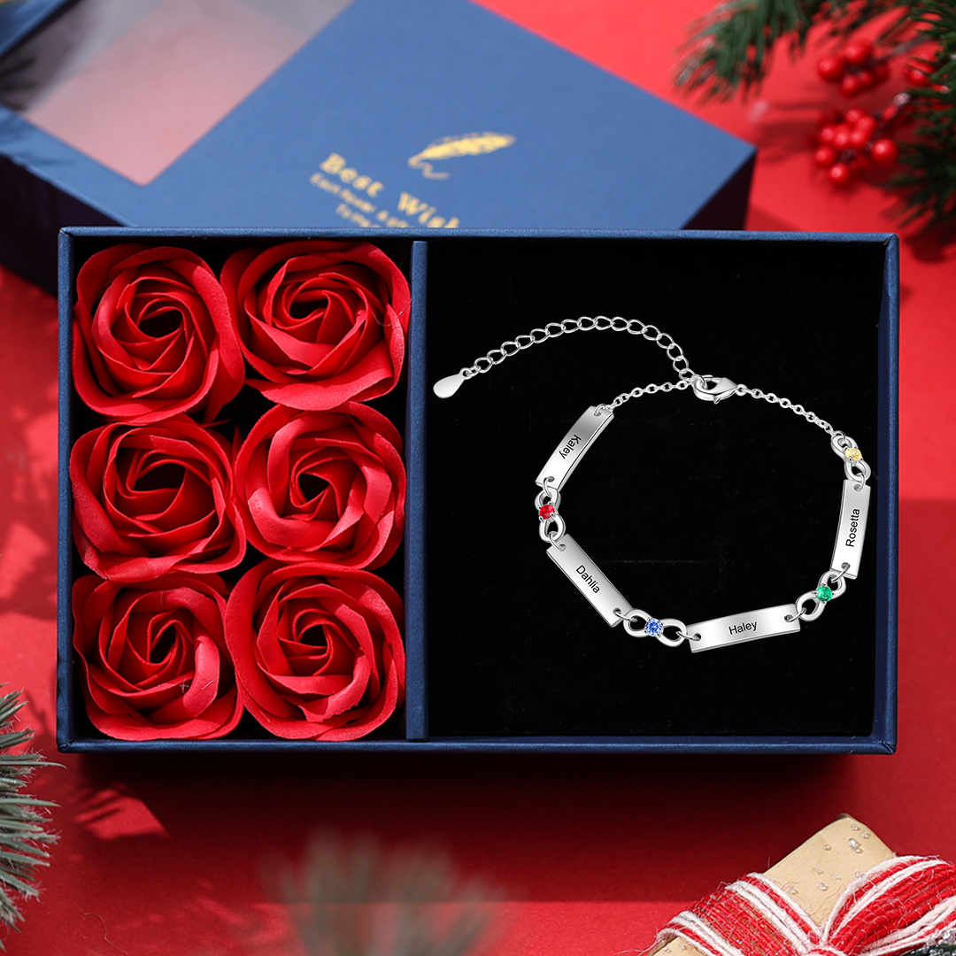 Personalised Bracelet With 4 Birthstones Engraved Names Bracelet Gift For Women-Jessemade AU