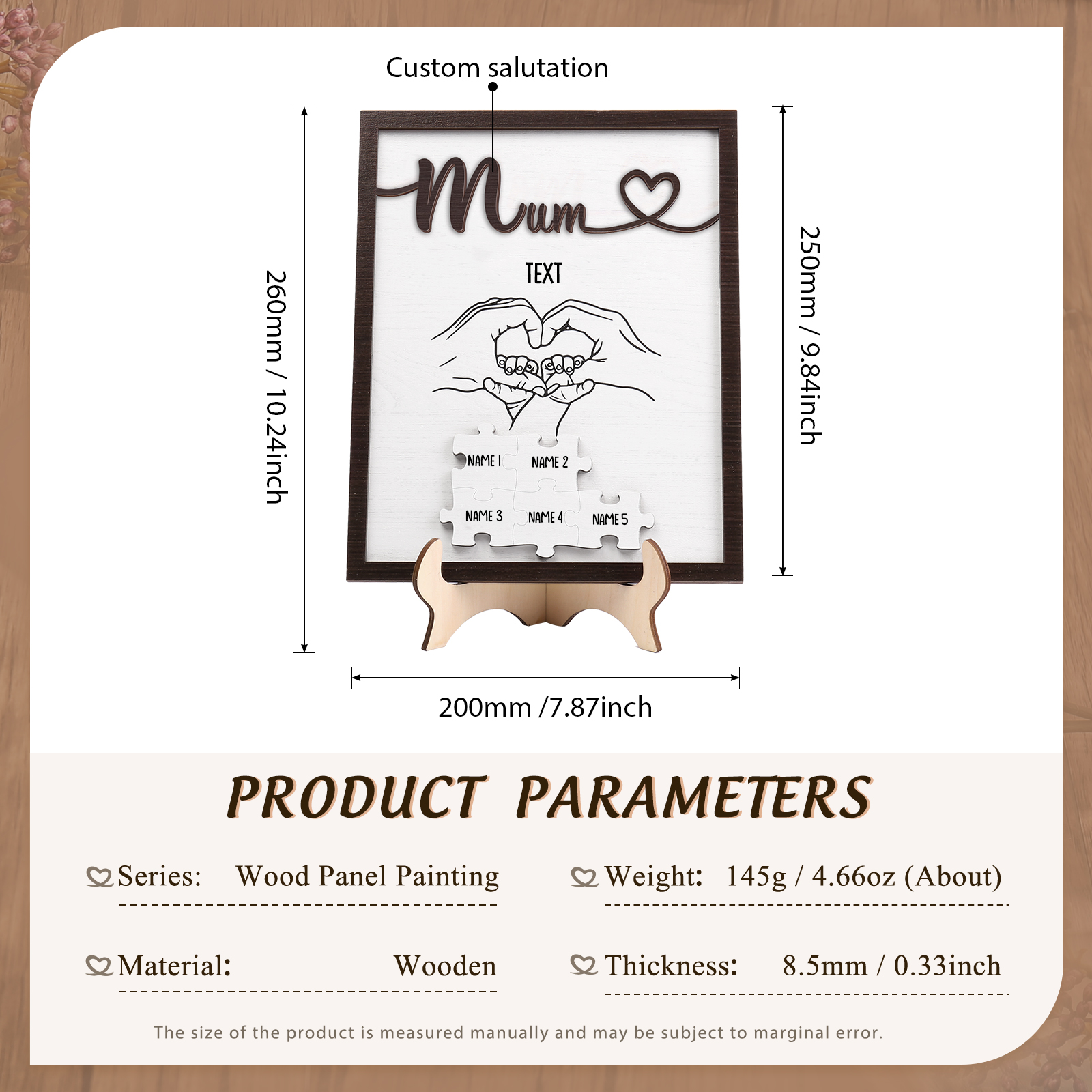 Personalised Puzzle Pieces Wooden Plaque Custom 5 Names & Text & Salutation Holding Hands Family Wooden Sign With Stand Gifts for Mum-Jessemade AU