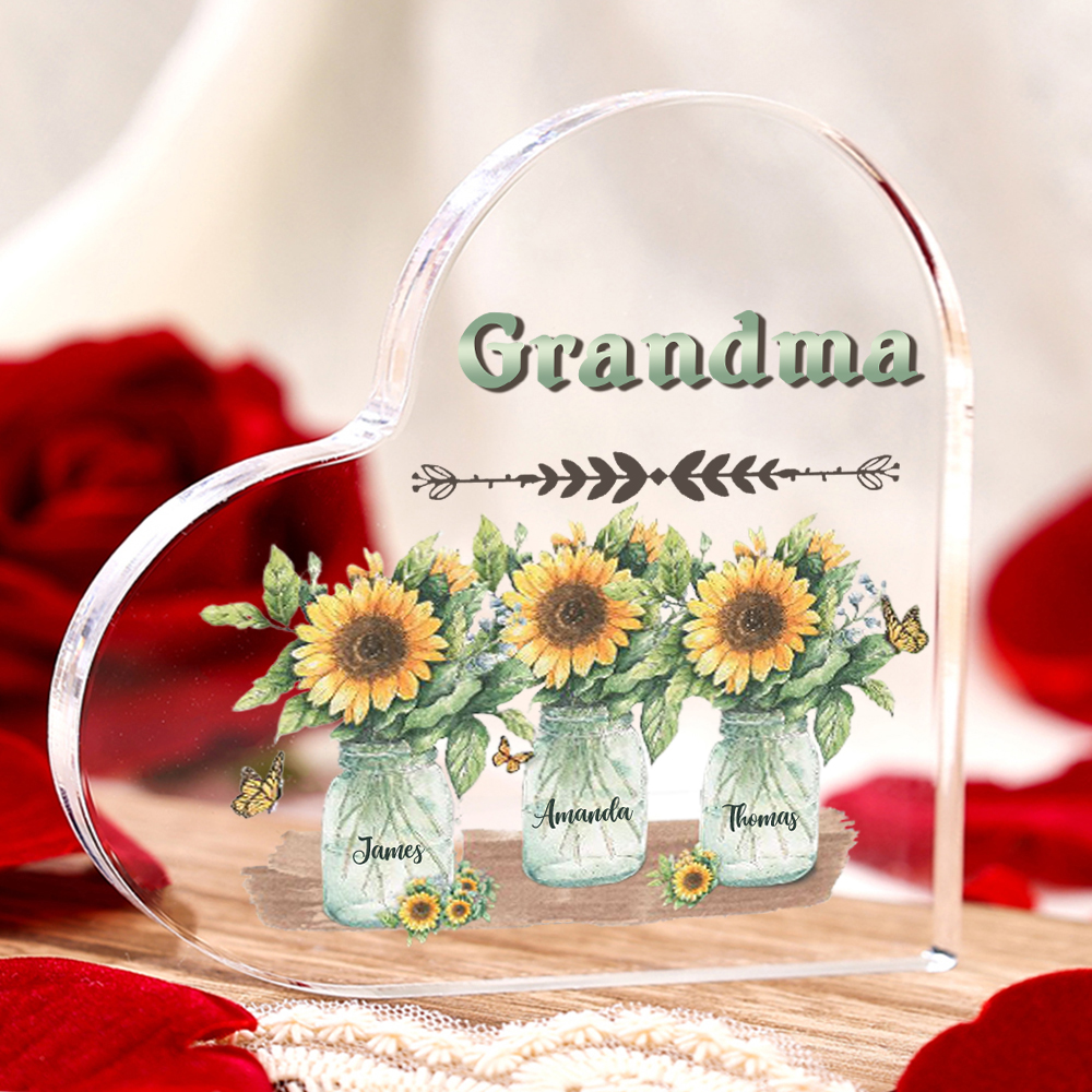 Personalised Acrylic Heart Keepsake Custom 3 Names & 1 Text Sunflower Vase Ornament Gifts for Mother/Grandma-Jessemade AU