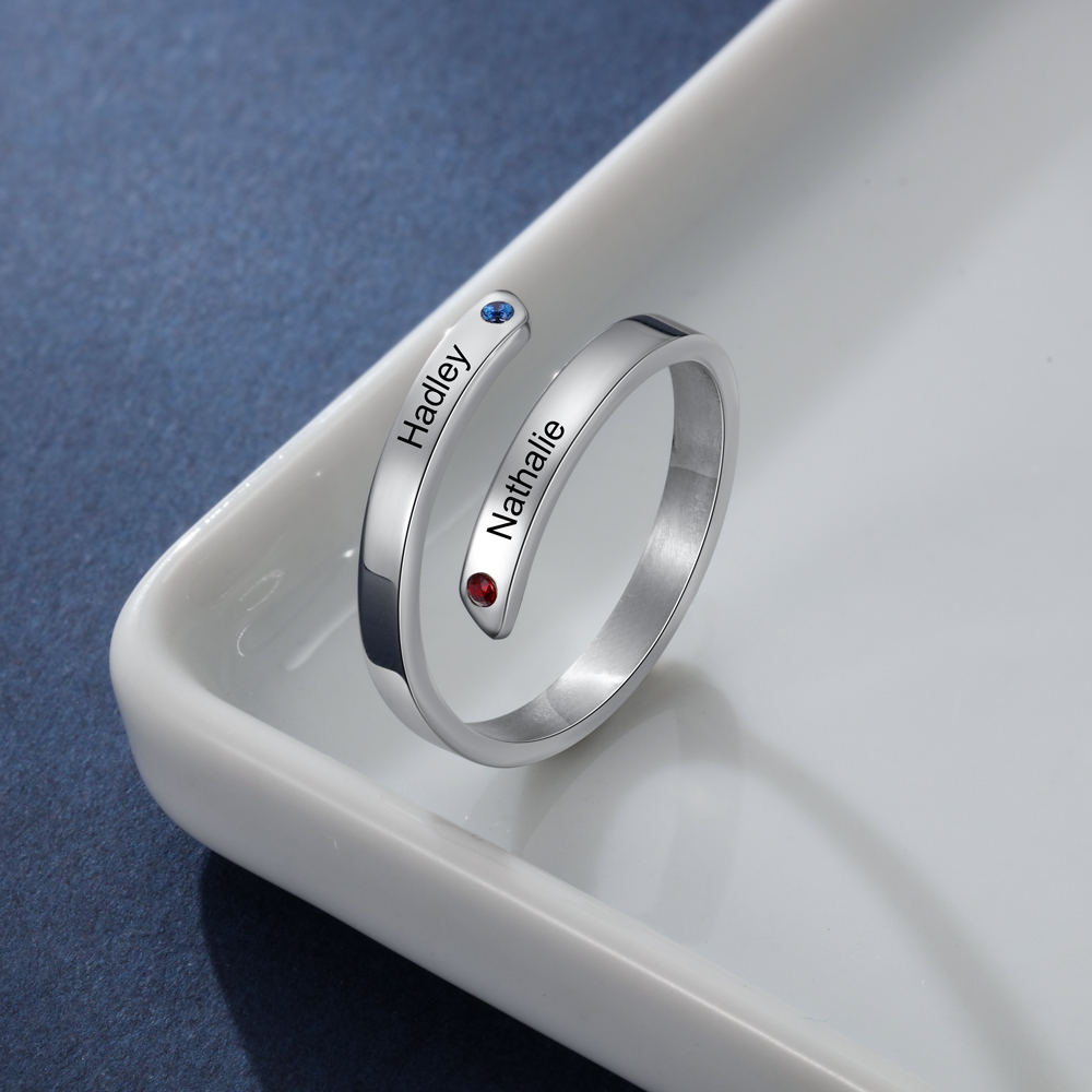 Personalised Mother Ring With 2 Birthstones Engraved Names Ring Gift For Women-Jessemade AU