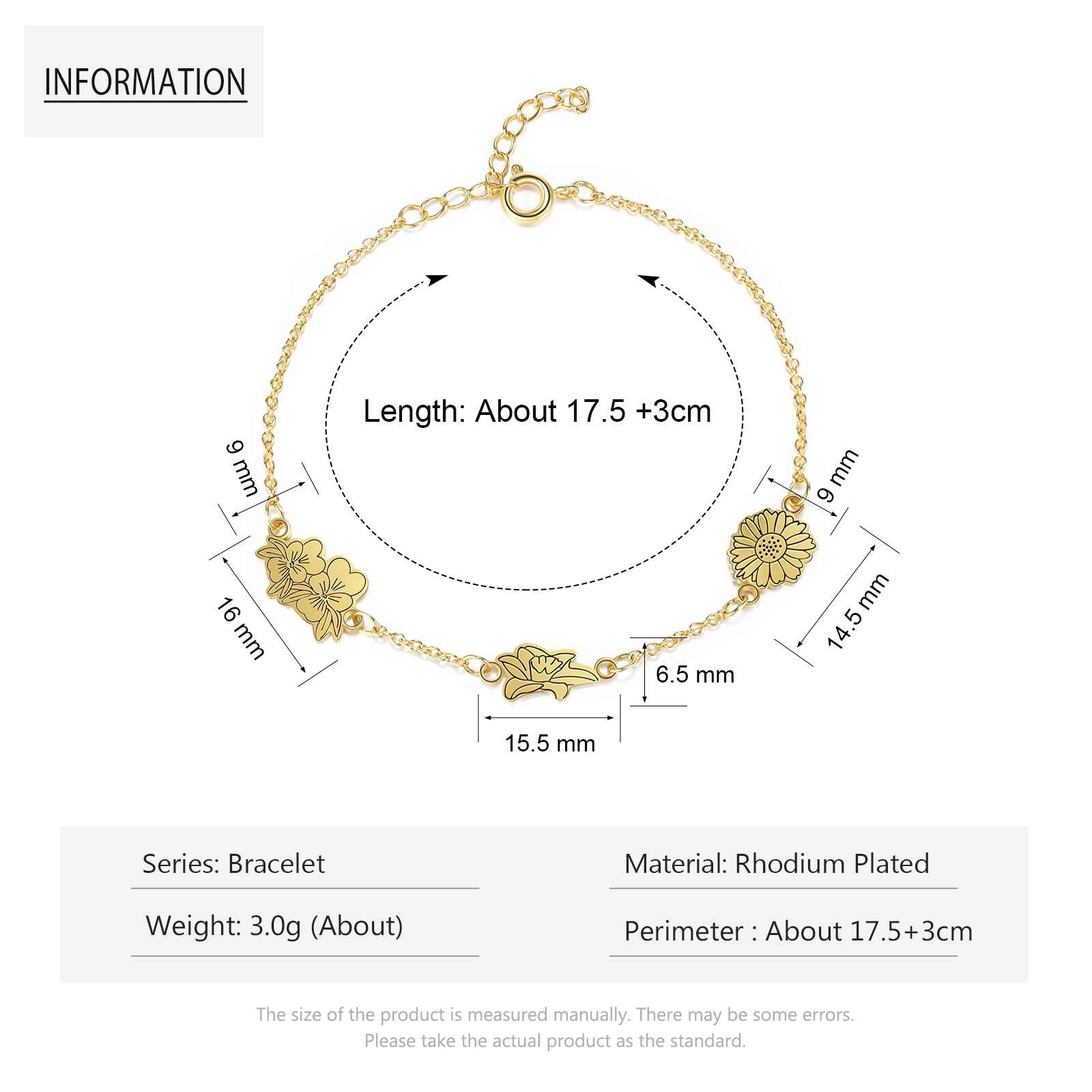 Personalised 3 Birth Flowers Elegant Woman's Bracelet-Jessemade AU