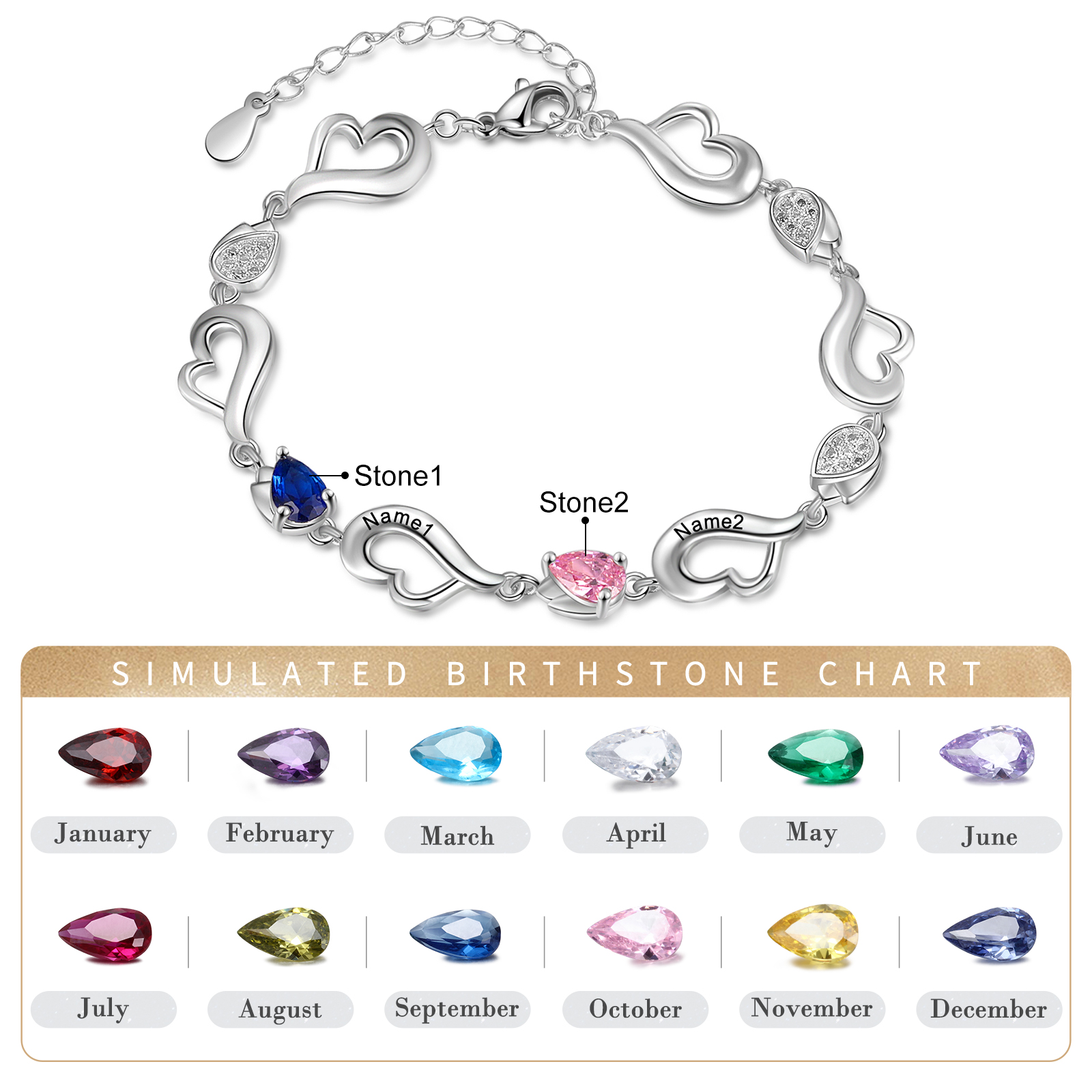 Personalised Heart Bracelet With 2 Birthstones Engraved Name Bracelet Gifts For Her-Jessemade AU
