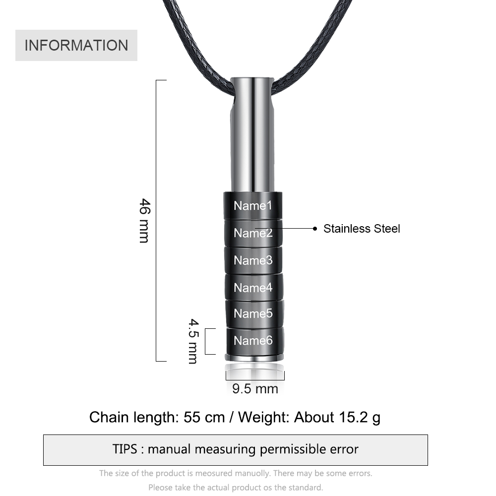 Personalised Vertical Cylinder Pendant Necklace with Beads Engraved 6 Names Men's Necklace for Him-Jessemade AU