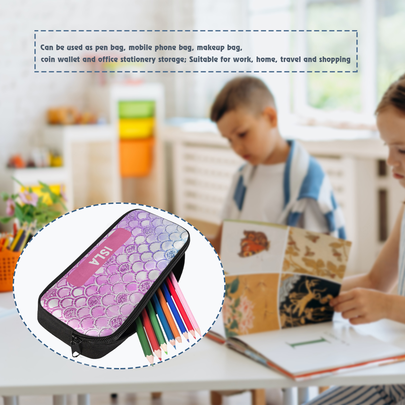 Custom Name Pen Case Personalised  Pink Scales Pen Bag Back to School Gifts for Students-Jessemade AU