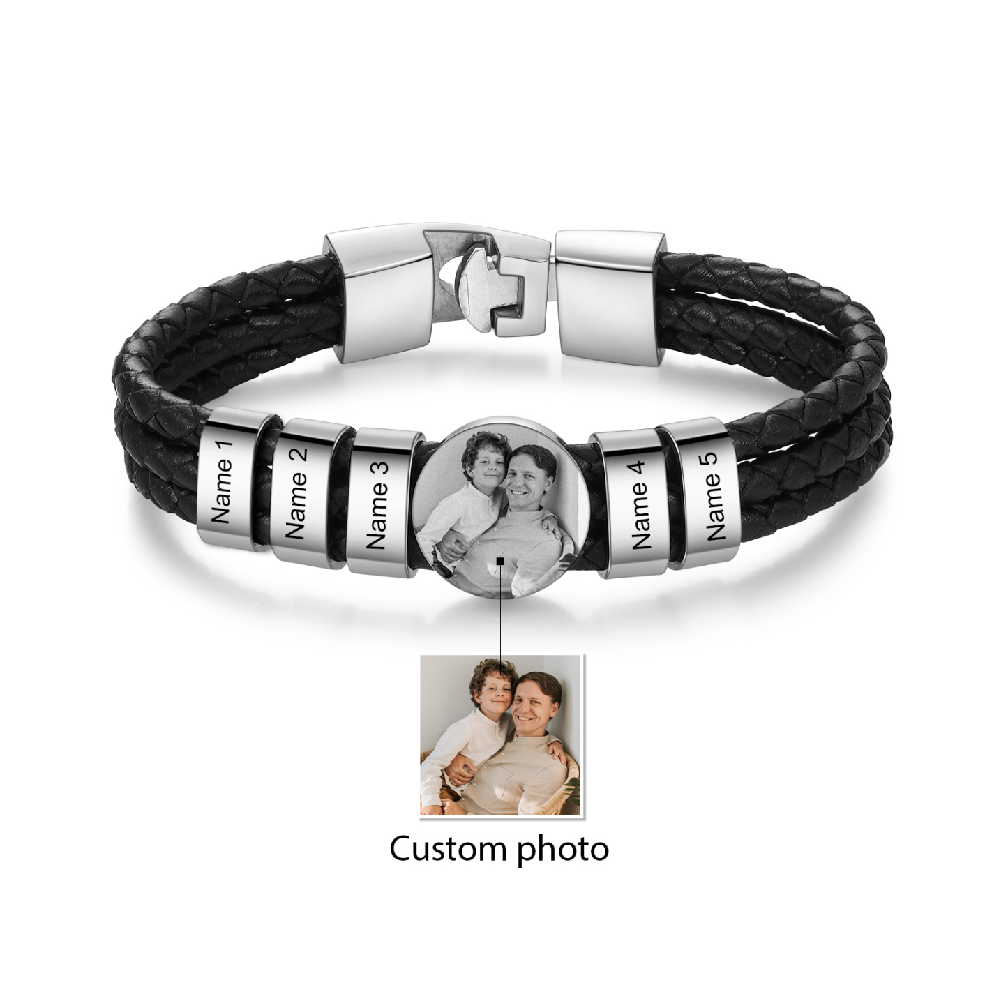 Personalised Men's Leather Bracelet Custom 5 Names & 1 Photo Braided Bracelet Father's Day Gifts for Him-Jessemade AU