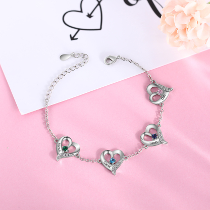 4 Names - Personalised Heart Bracelet Gift Set With Gift Box Custom Name & Birthstone Bracelet Gift For Her-Jessemade AU