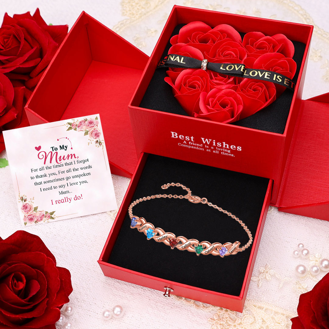 Family Custom Bracelet Heart Personalised with 5 Birthstones Gift Box Set-Jessemade AU