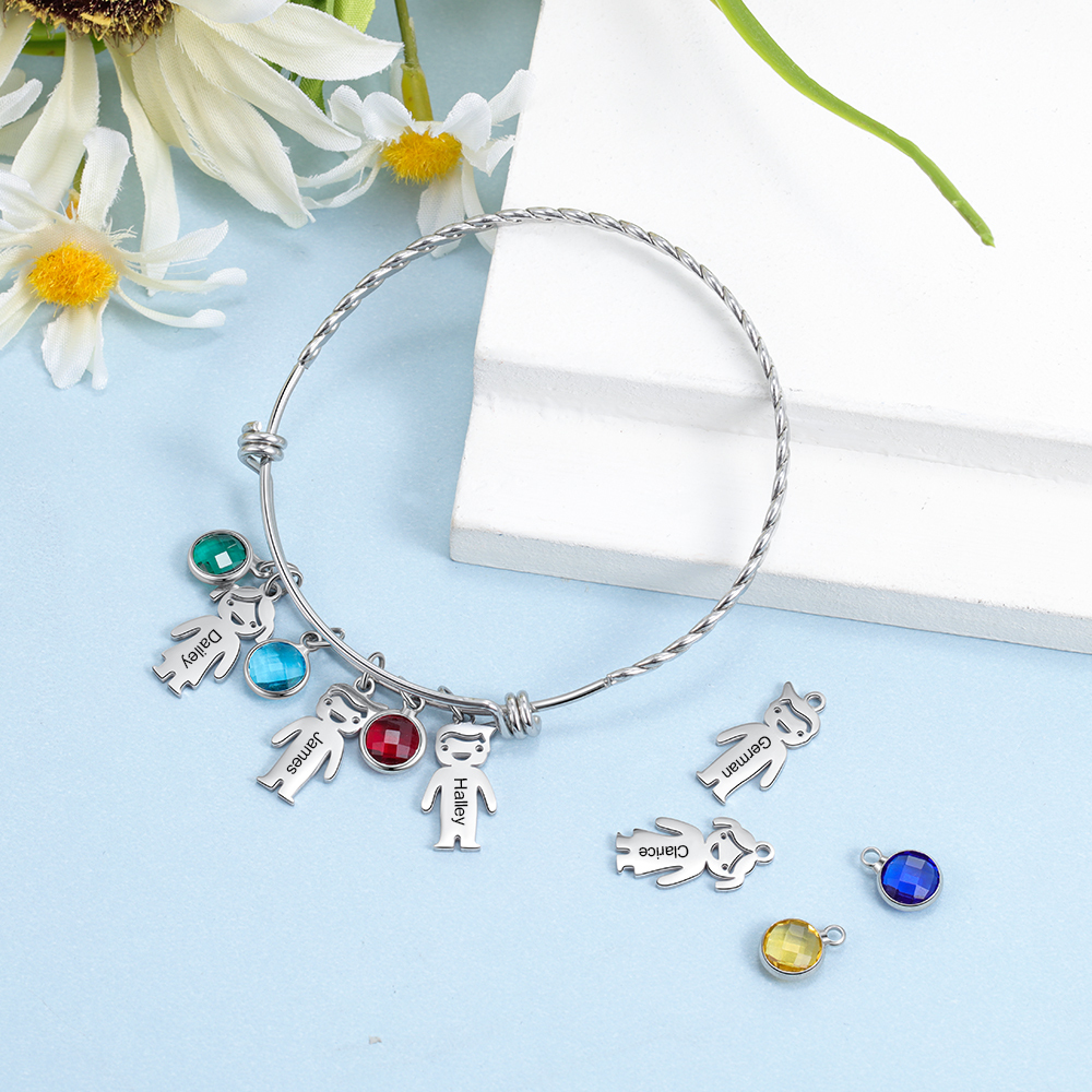 Personalised Kid Charms Bangle Bracelet With Names Customised 5 Birthstones Gift for Her-Jessemade AU