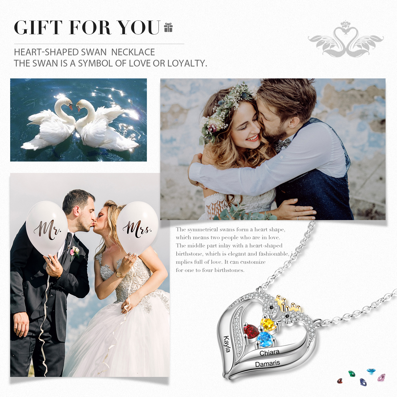 Personalised Heart Swan Necklace With 3 Birthstones Engraved Names Necklace Gifts For Her-Jessemade AU