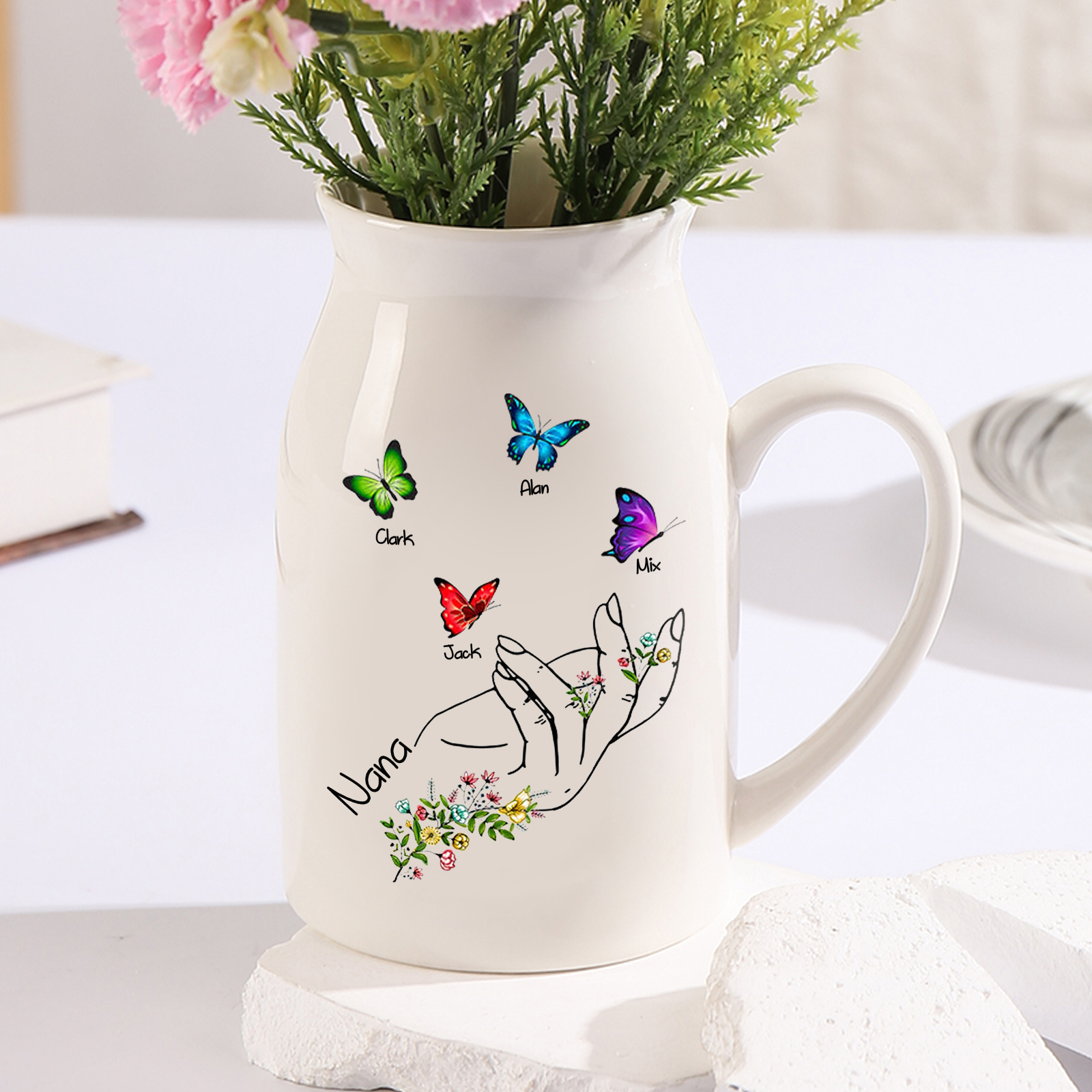 Personalised Ceramic Flower Vase Custom 2–8 Names & 1 Text Butterfly In Hand Vase Gift for Mother/Grandma-Jessemade AU