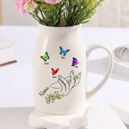 Personalised Ceramic Flower Vase Custom 2–8 Names & 1 Text Butterfly In Hand Vase Gift for Mother/Grandma-Jessemade AU