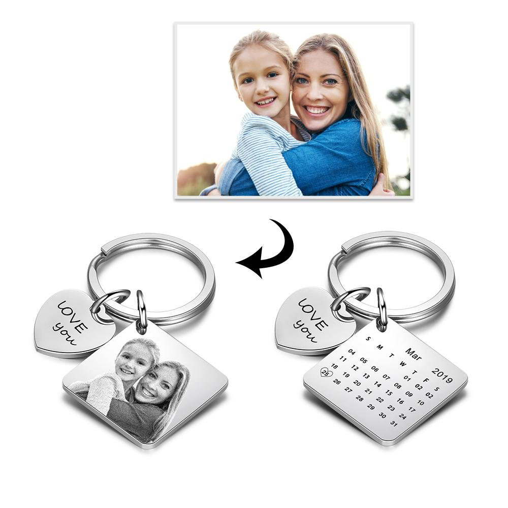 Photo Keychain Personalised with Calendar and Engraved Heart Charm Gifts for Her-Jessemade AU