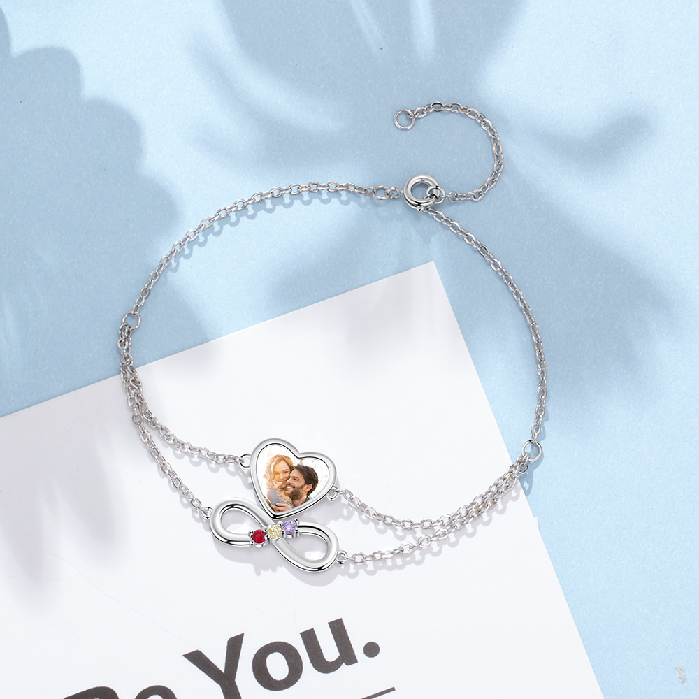 Personalised Heart Photo Bracelet With 3 Birthstones Custom Photo Bracelet Gifts For Her-Jessemade AU