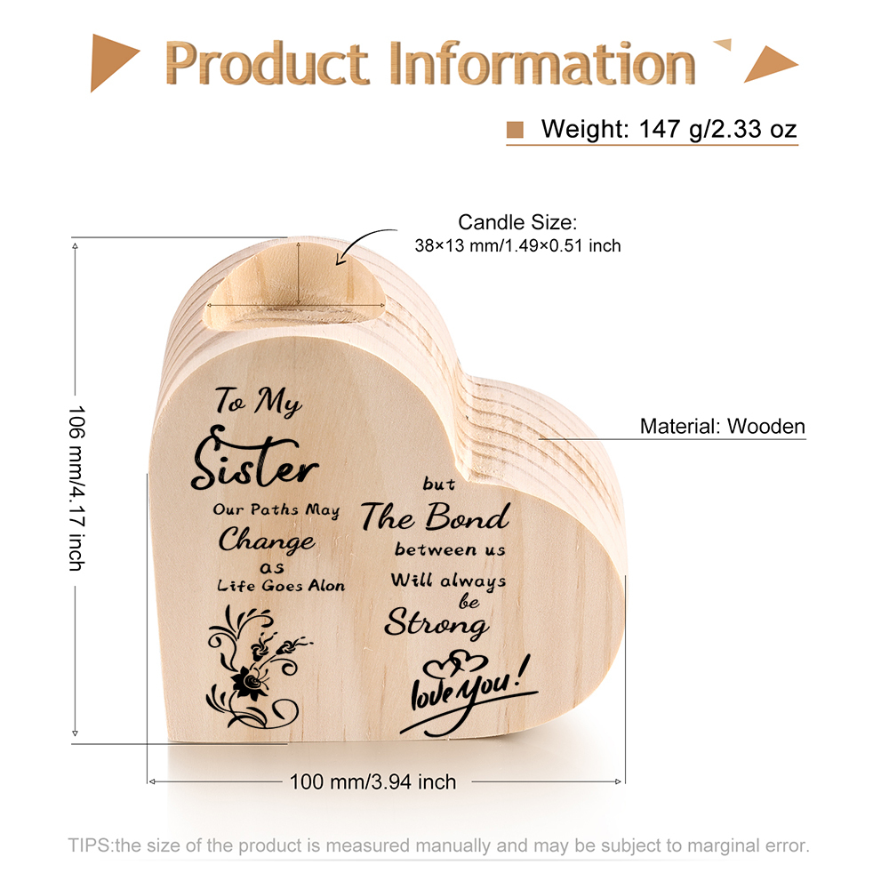 To My Sister-Wooden Heart Candle Holder Flower Candlesticks "The Bond Between Us Will Always Be Strong"-Jessemade AU
