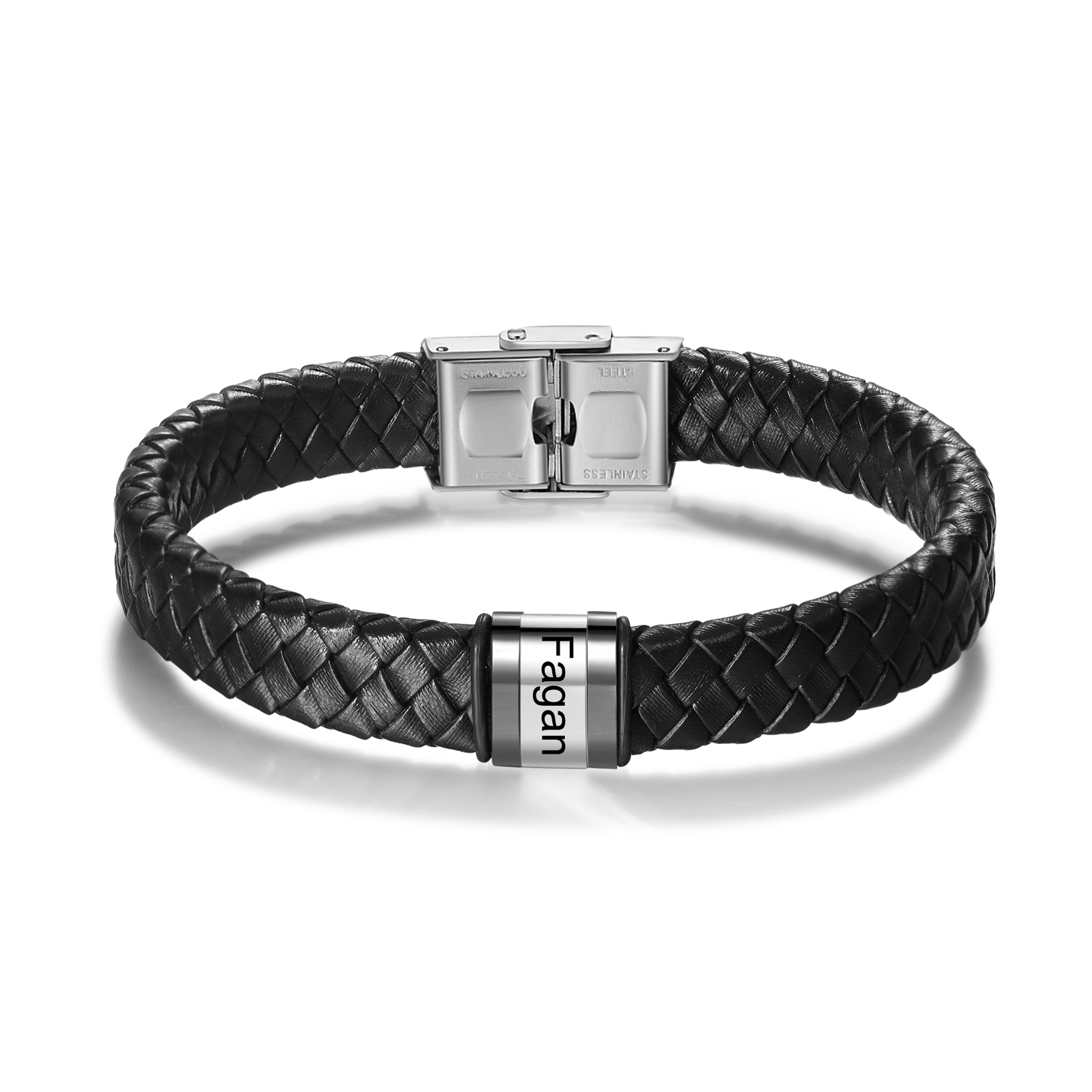 Men Leather Braided Bracelet Personalised with 1 Name Black-Jessemade AU
