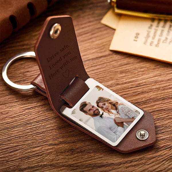 Personalised Photo Keychain Custom Text Leather Keyring Valentine's Day Gift