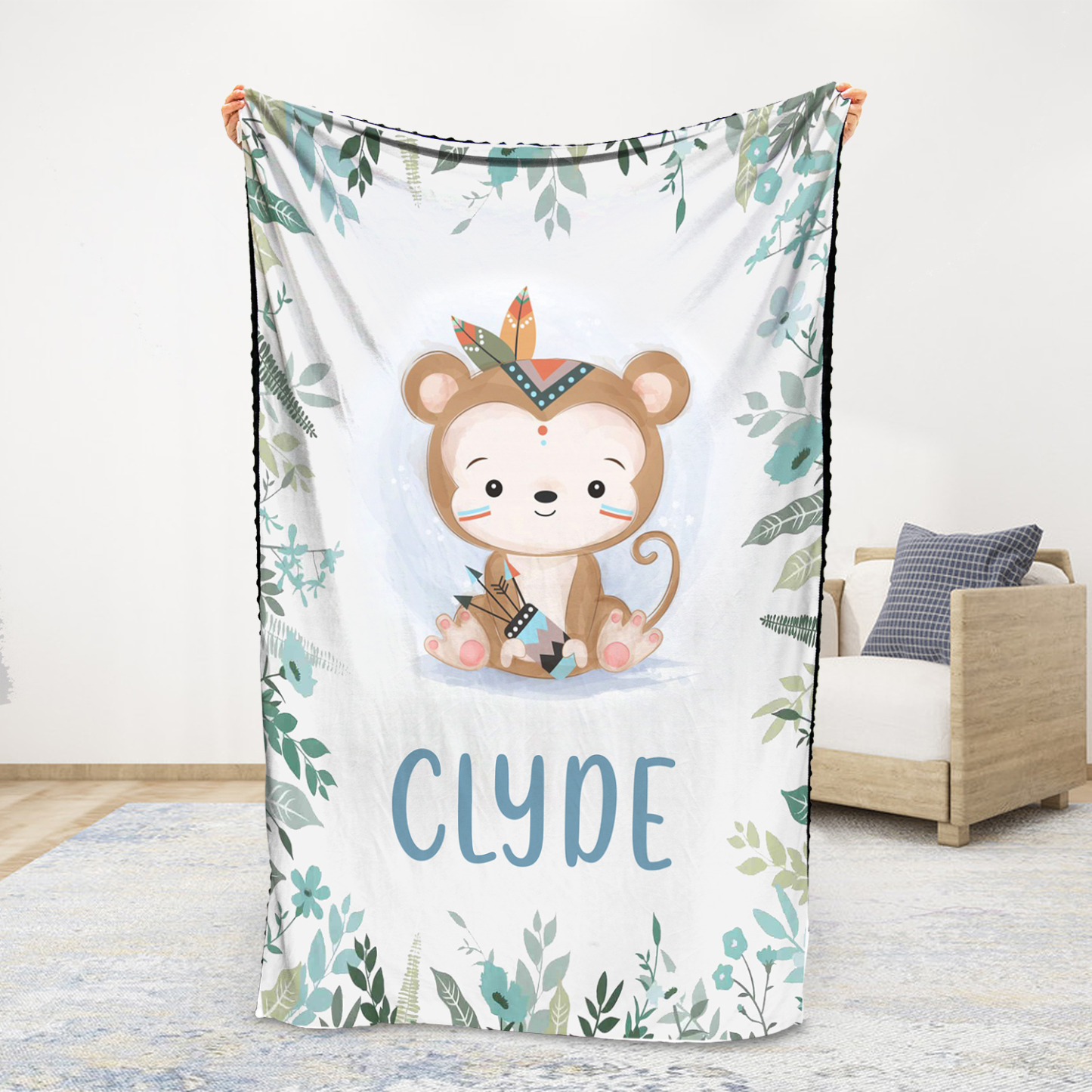 Personalised Monkey Blanket Custom Name Cute Cartoon Blanket-Jessemade AU