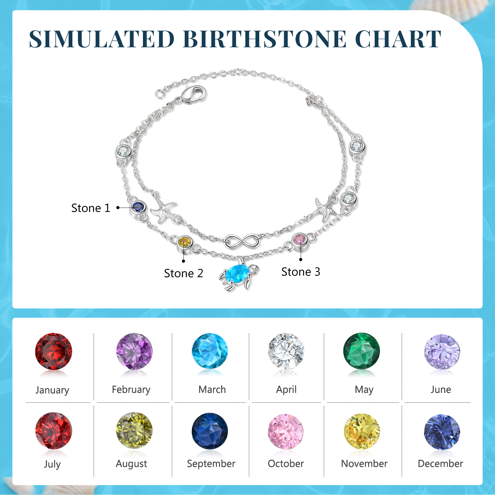 Personalised Women's Bracelet Custom 3 Birthstones Bracelet Sea Turtle Adjustable Bracelet Birthday Gift for Her-Jessemade AU