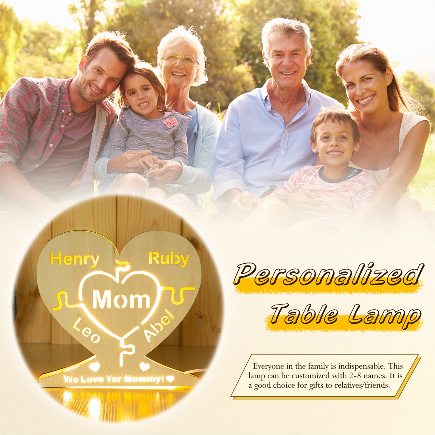 Personalised 8 Names Night Light Engraved Wooden Lamp-Jessemade AU