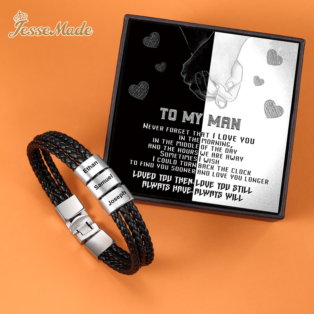 Personalised Braided Leather Bracelet Engraved 3 Names Men's Bracelet Gifts For Him-Jessemade AU