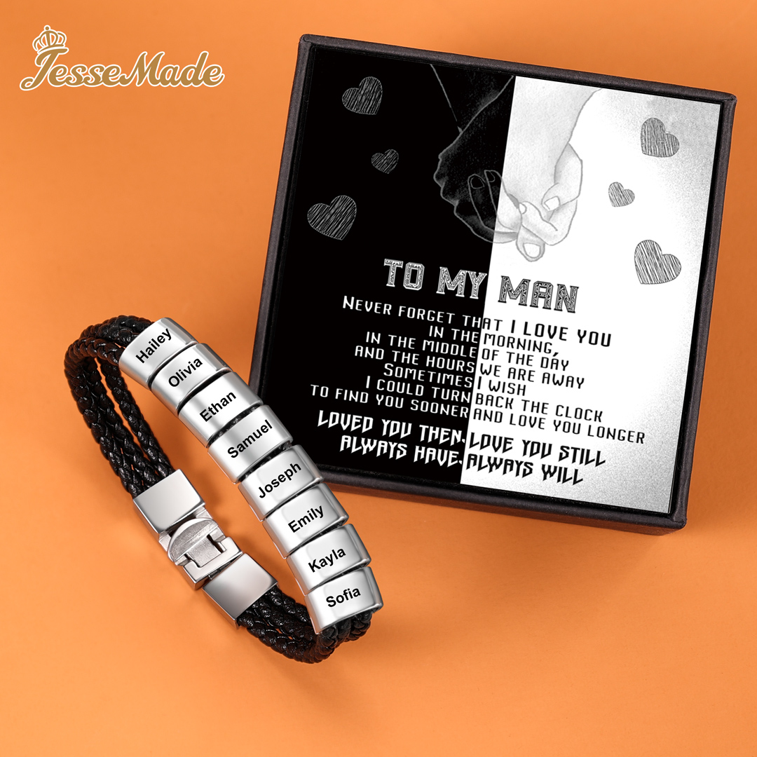 Personalised Braided Leather Bracelet Engraved 8 Names Men's Bracelet Gifts For Him-Jessemade AU