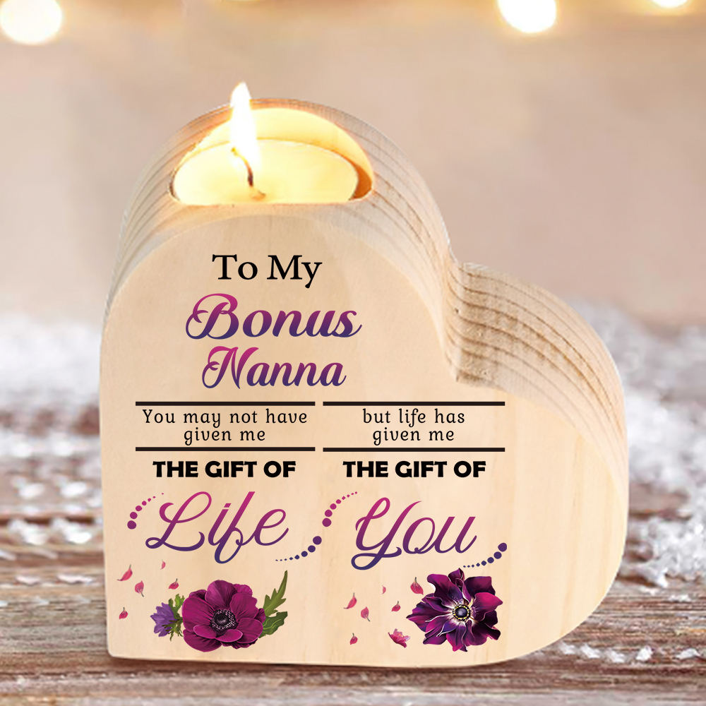 To My Bonus Nanny/Grandma/Nan Violets Heart Candlestick "Life Gave Me The Gift of You" Wooden Candle Holder-Jessemade AU