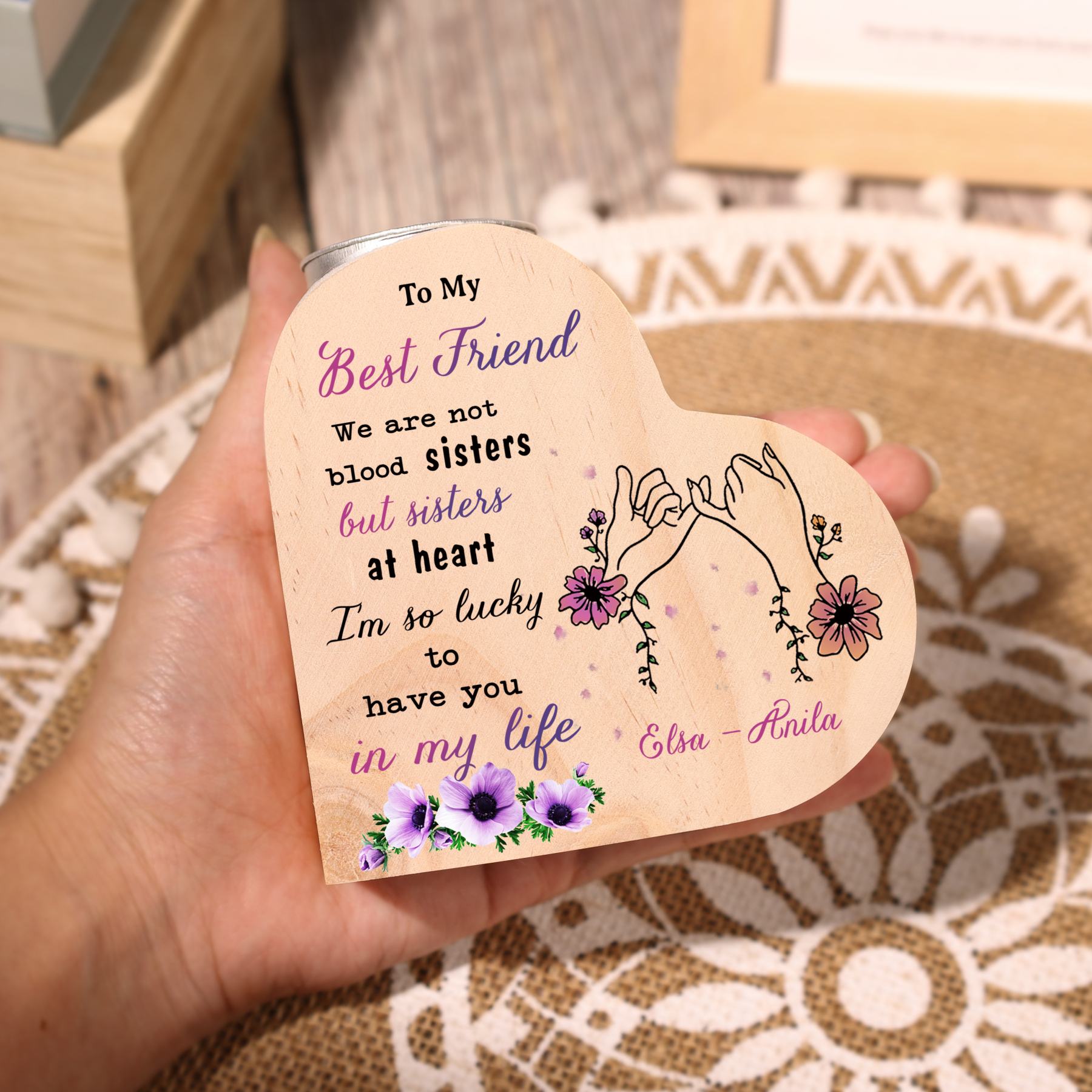 To My Best Friend Wooden Candle Holder Custom 2 Names Pinky Swear Candlesticks - We Are Not Blood Sisters But Sisters At Heart-Jessemade AU