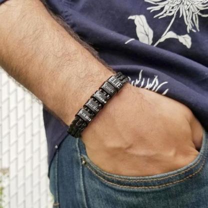 Personalised Braided Leather Bracelet Engraved 5 Names Men's Bracelet Gifts For Him-Jessemade AU