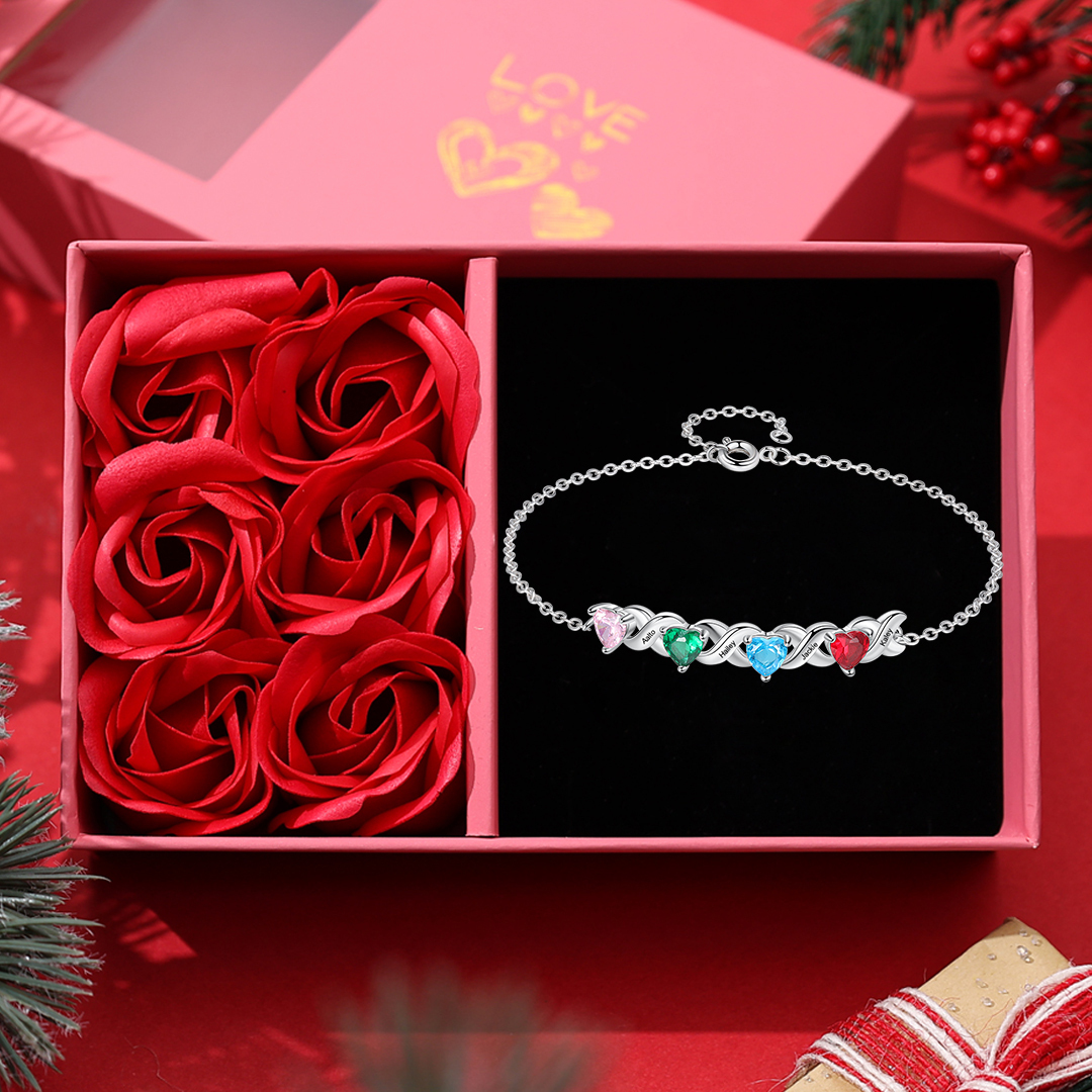 Family Custom Bracelet Heart Personalised with 4 Birthstones Gift Box Set-Jessemade AU