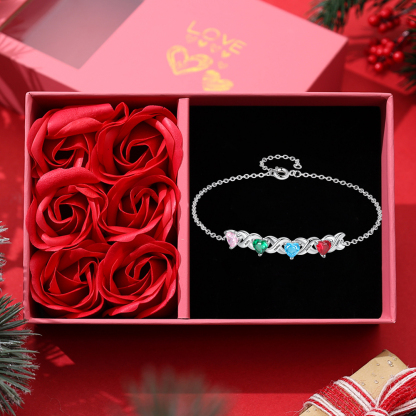 Family Custom Bracelet Heart Personalised with 4 Birthstones Gift Box Set-Jessemade AU