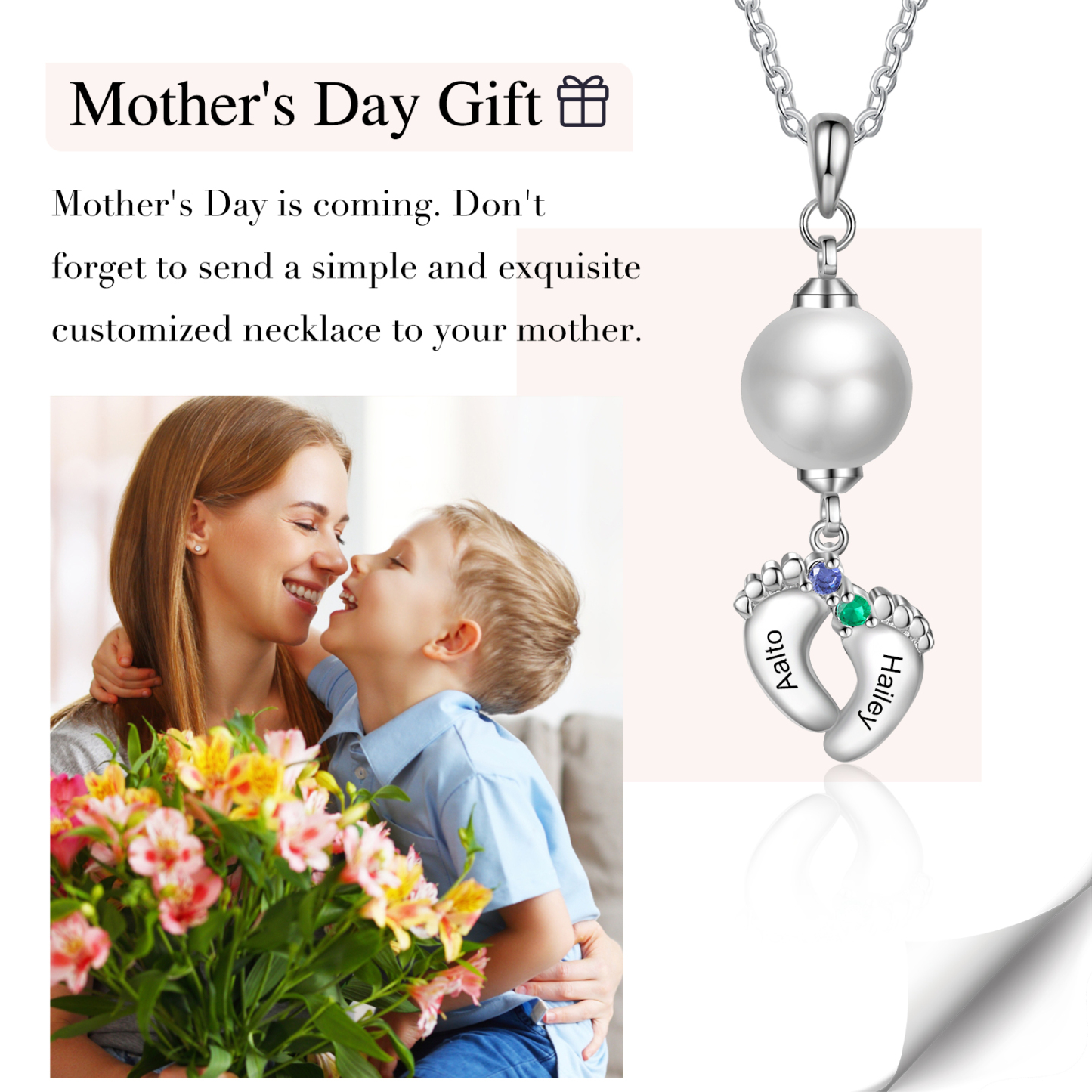 Personalised Baby Feet Pearl Necklace Custom 2 Names & Birthstones Mother Necklace-Jessemade AU