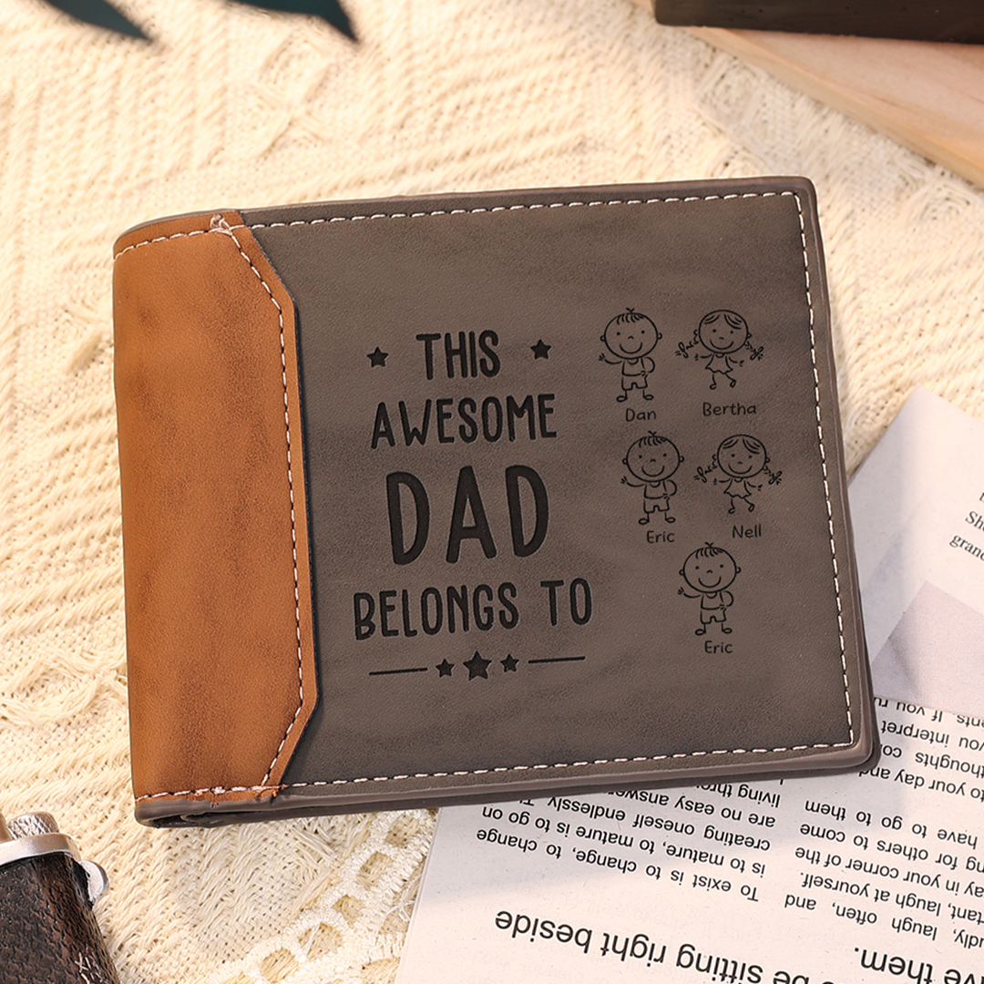 Personalised 5 Names & 1 Photo Wallet Custom Men's Leather Folding Wallet "This Awesome Dad Belongs To" Father's Day Gifts-Jessemade AU