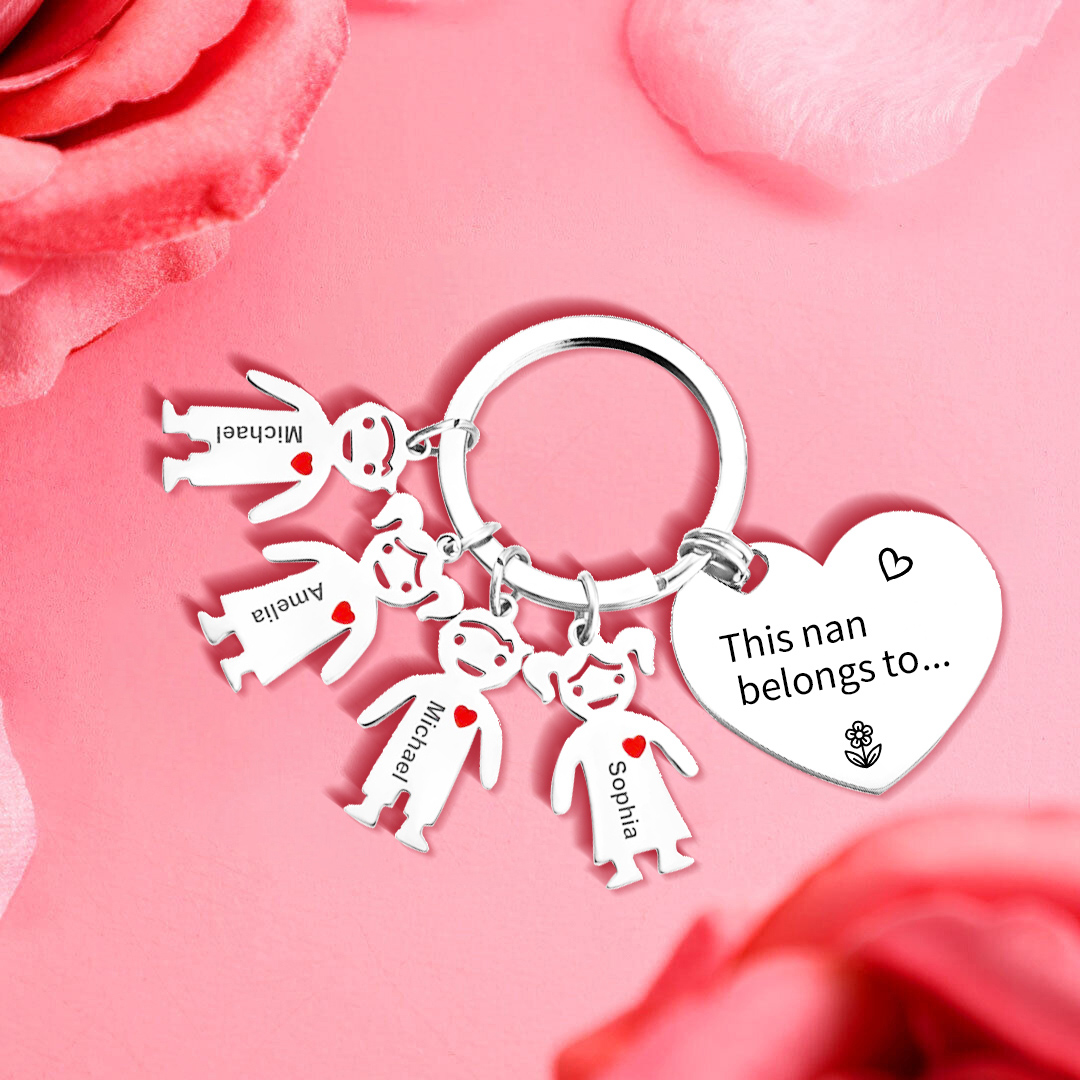 4 Names - Personalised Keychain with Kid Charm Engraved Names Keychain Heart Gift for Nan/Mum-Jessemade AU