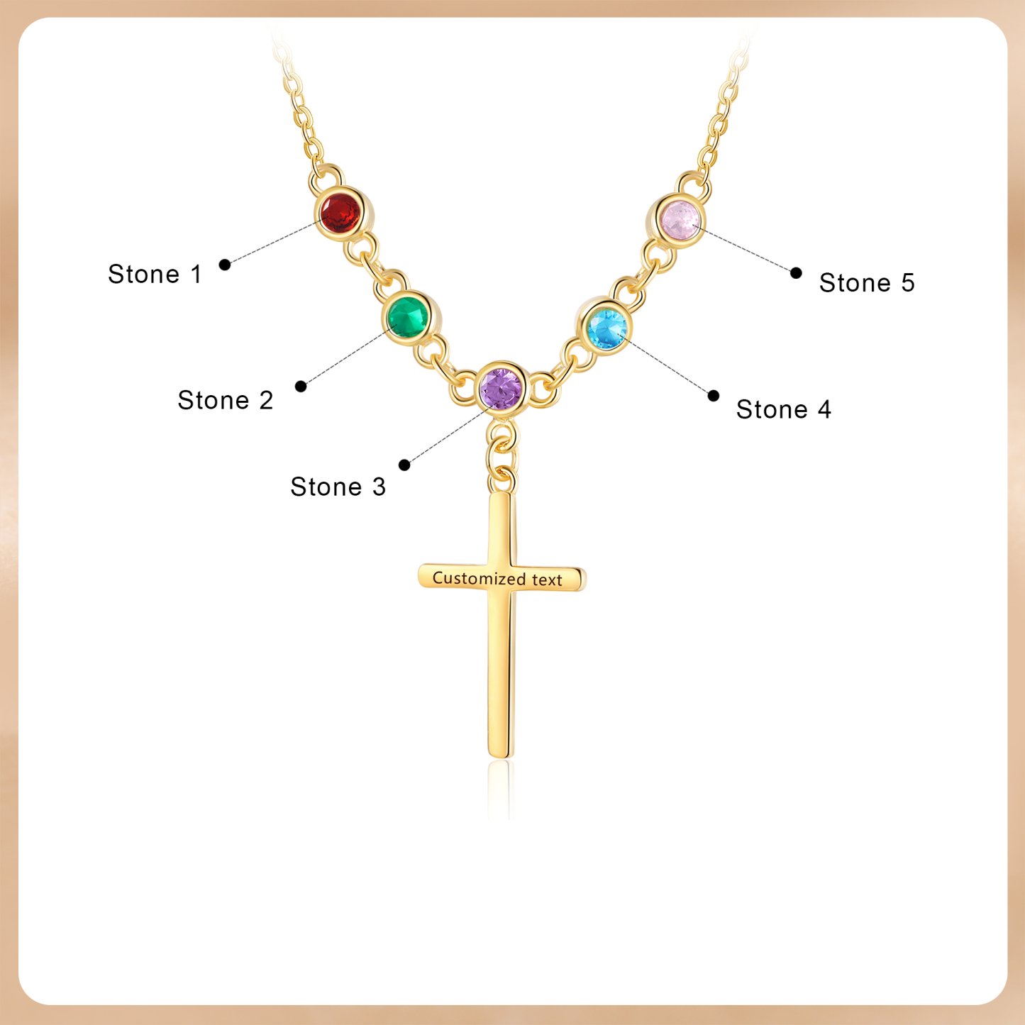 Personalised Cross Pendant Necklace Custom 5 Birthstones & 1 Text Necklace Birthday Gift for Her-Jessemade AU